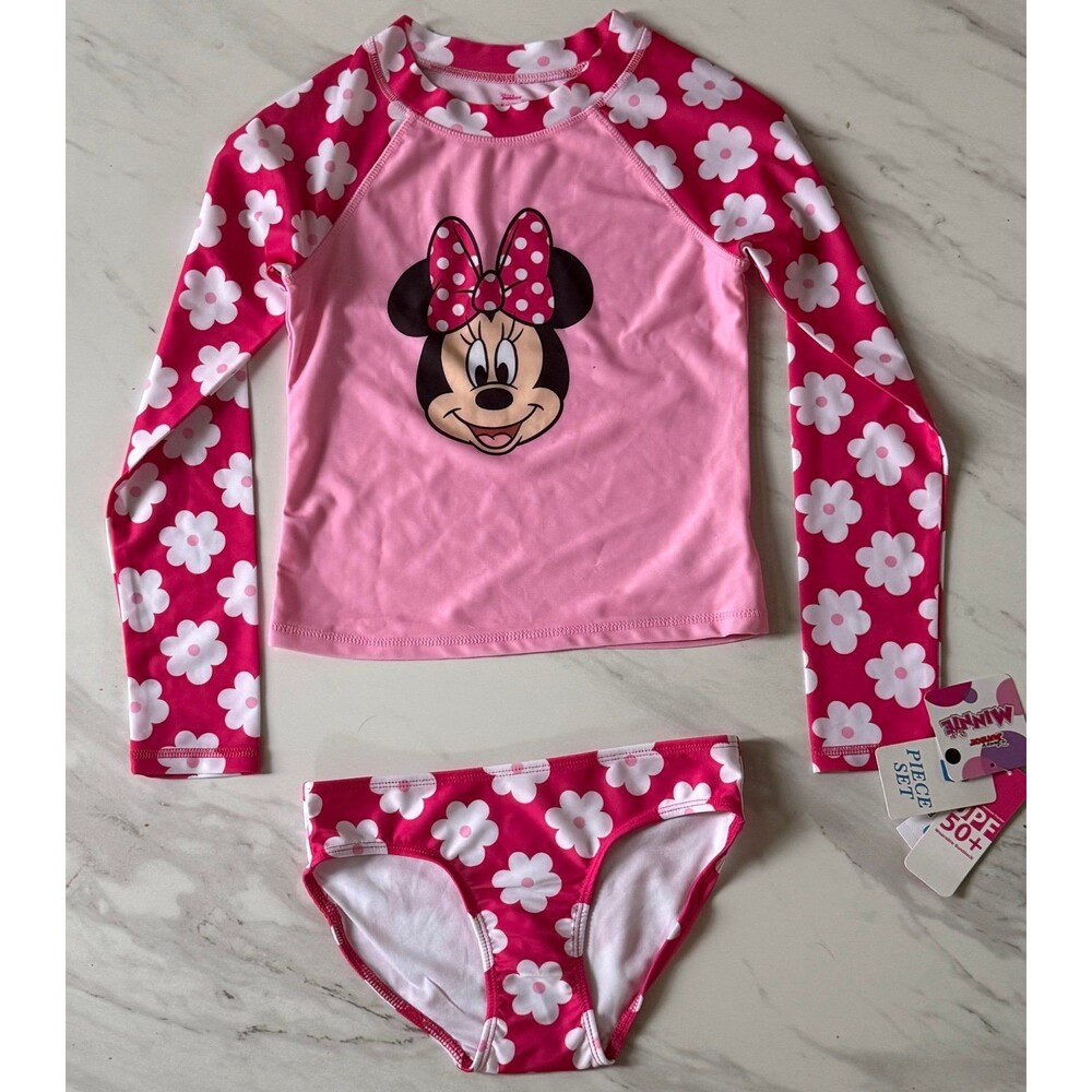 NWT Disney Junior Minnie Mouse Pink Flower Swim Suit 2 Piece 14 Years Old SPF 50